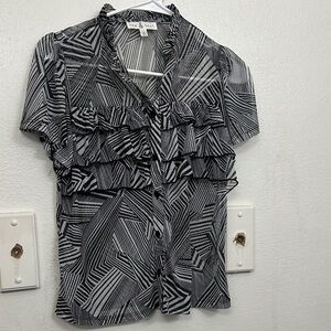 Zara Monochrome Geometric Ruffle Blouse